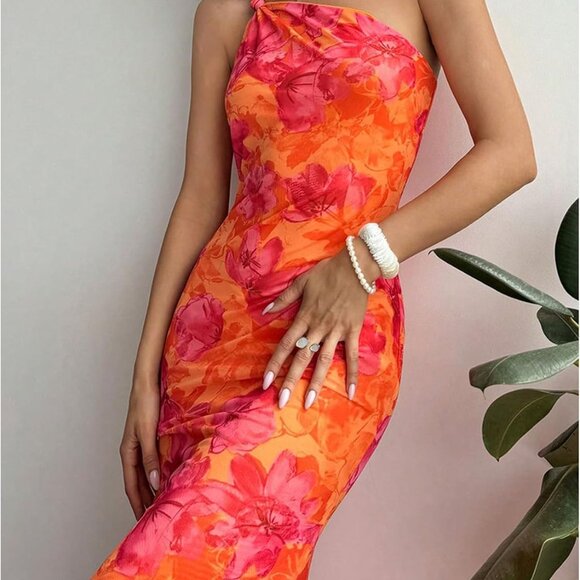 Women's Floral One Shoulder Bodycon Maxi Dress Summer Wedding Formal - Picture 3 of 5